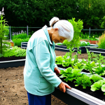 A person of neutral age, fully clothed in comfortable, modest outdoor attire, calmly tending to vibrant green plants in a community garden bathed in natural light. The scene emphasizes tranquility, personal well-being, and a connection with nature. This image should convey mental peace and rejuvenation through outdoor activity. safe for work, appropriate content, fully clothed, modest clothing, family-friendly, perfect anatomy, correct proportions, natural pose, well-formed hands, proper finger count, natural body proportions, professional photography, high quality.