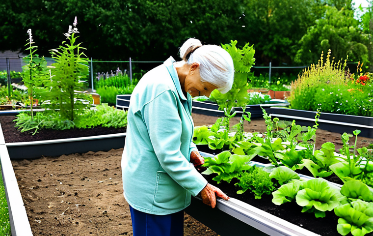 A person of neutral age, fully clothed in comfortable, modest outdoor attire, calmly tending to vibrant green plants in a community garden bathed in natural light. The scene emphasizes tranquility, personal well-being, and a connection with nature. This image should convey mental peace and rejuvenation through outdoor activity. safe for work, appropriate content, fully clothed, modest clothing, family-friendly, perfect anatomy, correct proportions, natural pose, well-formed hands, proper finger count, natural body proportions, professional photography, high quality.