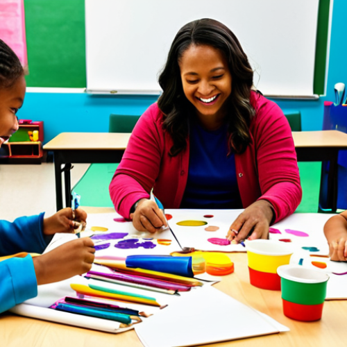 Home 27 **
A community center bustling with activity. A fully clothed female recreational leader, appropriate attire, is enthusiastically leading a group of diverse children in an arts and crafts session. Brightly colored art supplies are scattered on tables. The scene should be family-friendly, safe for work, with perfect anatomy and natural proportions. The atmosphere should be cheerful and inclusive. Professional photography, high quality.
**