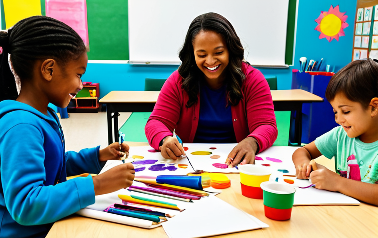 **

A community center bustling with activity. A fully clothed female recreational leader, appropriate attire, is enthusiastically leading a group of diverse children in an arts and crafts session. Brightly colored art supplies are scattered on tables. The scene should be family-friendly, safe for work, with perfect anatomy and natural proportions. The atmosphere should be cheerful and inclusive. Professional photography, high quality.

**