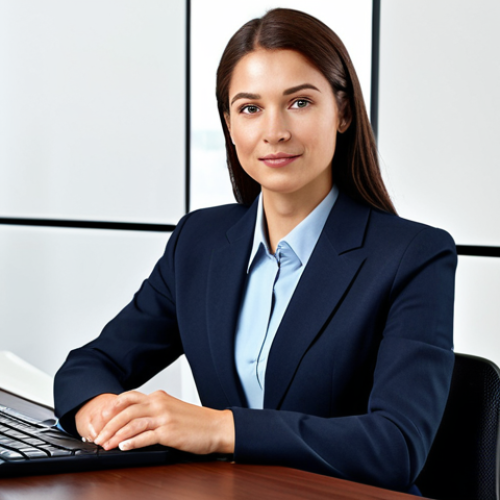 Home 12 Professional Businesswoman**
"A professional businesswoman in a modest business suit, sitting at a desk in a modern office, fully clothed, appropriate attire, safe for work, perfect anatomy, natural proportions, professional photography, high quality."
**